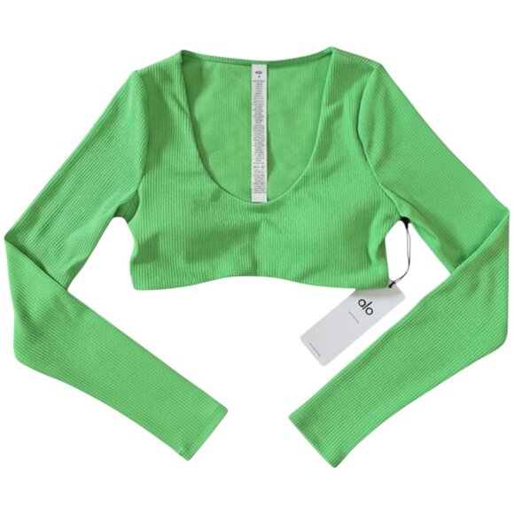 Alo Yoga Ribbed Defined Long Sleeve Bra Green Glow Rare Color M - Picture 1 of 9